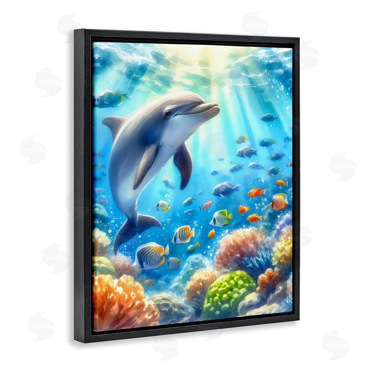 Smiling Dolphin Under Sea Black Floating Frame Canvas Wall Art, Home Decor by LSR Design Studio