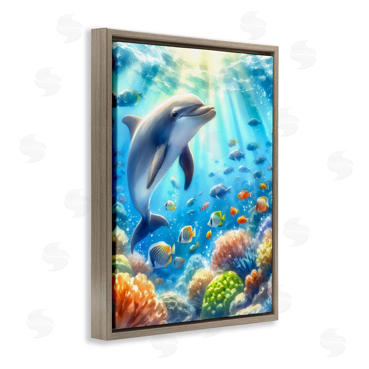 Smiling Dolphin Under Sea Brown Floating Frame Canvas Wall Art, Home Decor by LSR Design Studio