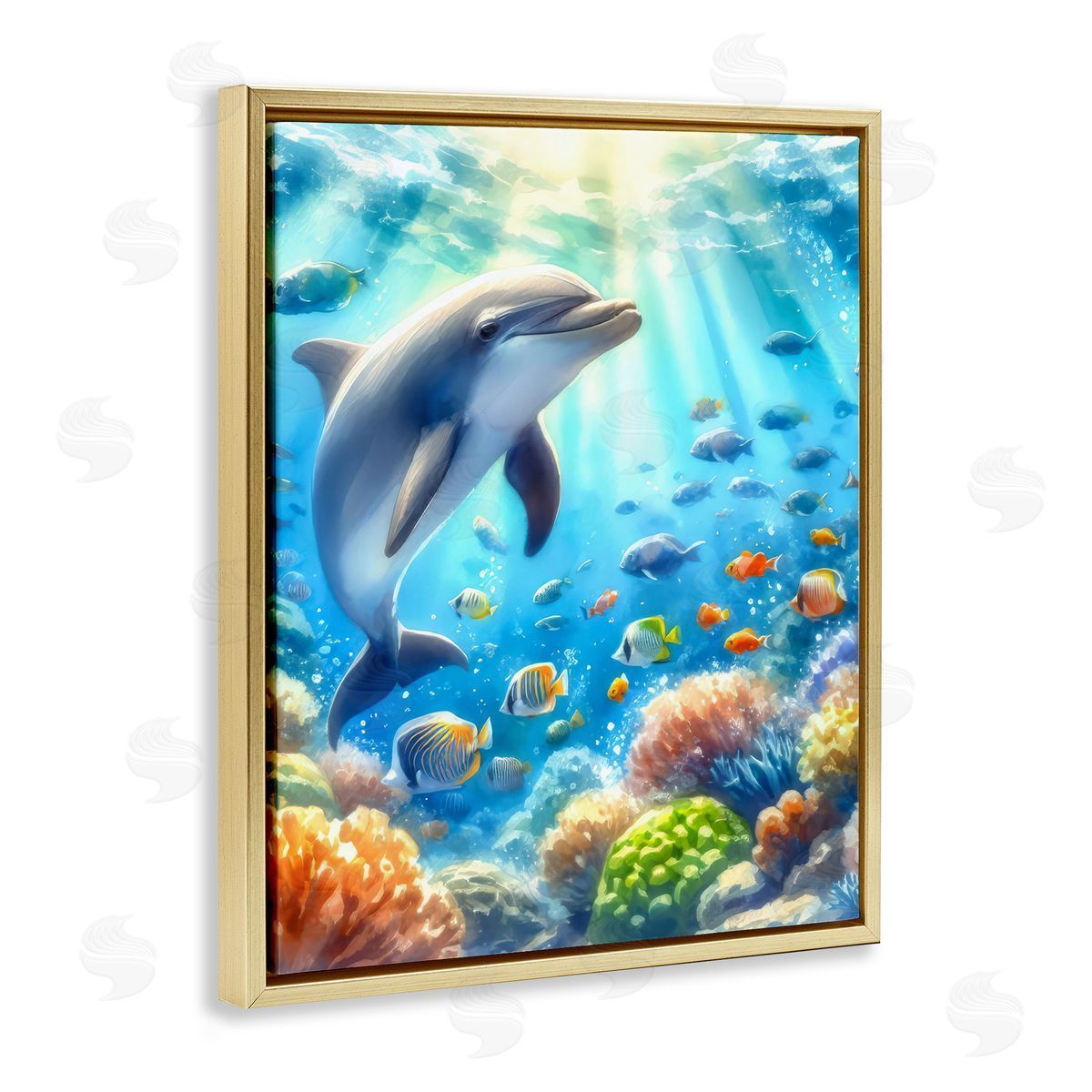 Smiling Dolphin Under Sea Gold Floating Frame Canvas Wall Art, Home Decor by LSR Design Studio