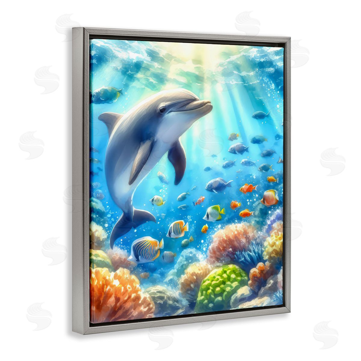 Smiling Dolphin Under Sea Grey Floating Frame Canvas Wall Art, Home Decor by LSR Design Studio