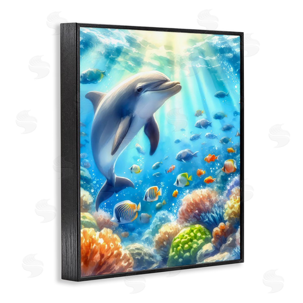 Smiling Dolphin Under Sea Black Frame Print Wall Art, Home Decor by LSR Design Studio
