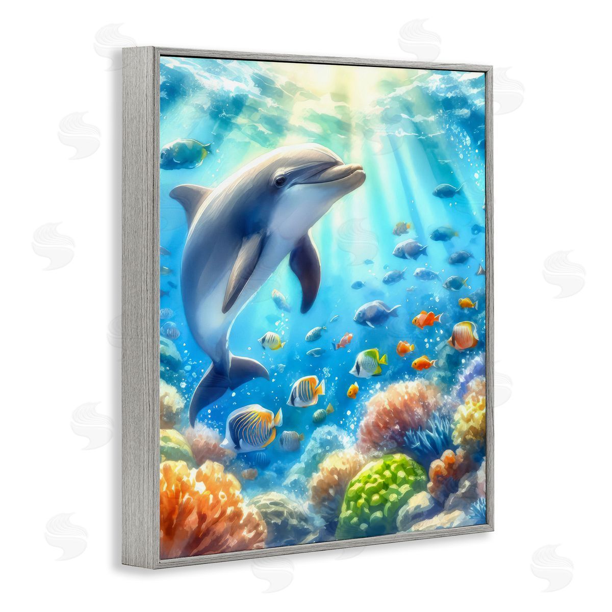 Smiling Dolphin Under Sea Grey Frame Print Wall Art, Home Decor by LSR Design Studio