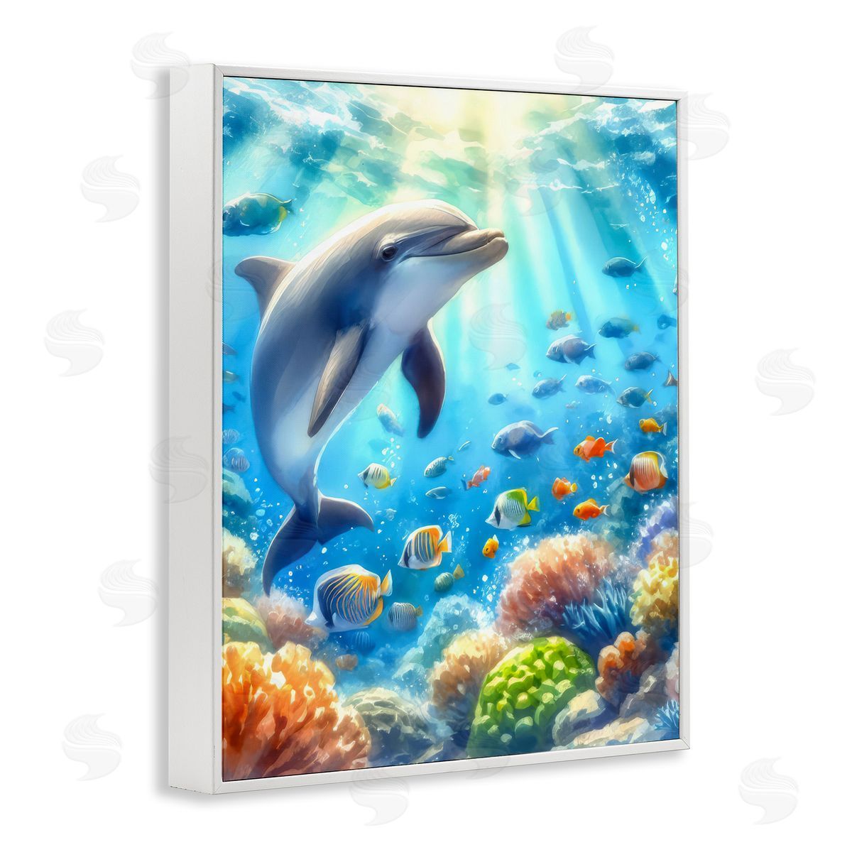 Smiling Dolphin Under Sea White Frame Print Wall Art, Home Decor by LSR Design Studio