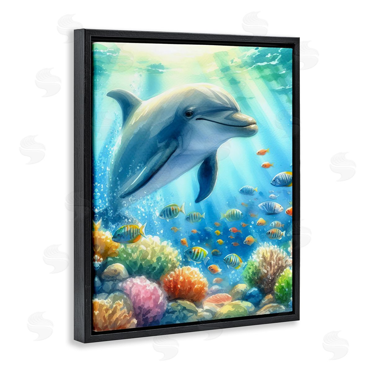 Majestic Dolphin Underwater Black Floating Frame Canvas Wall Art, Home Decor by LSR Design Studio