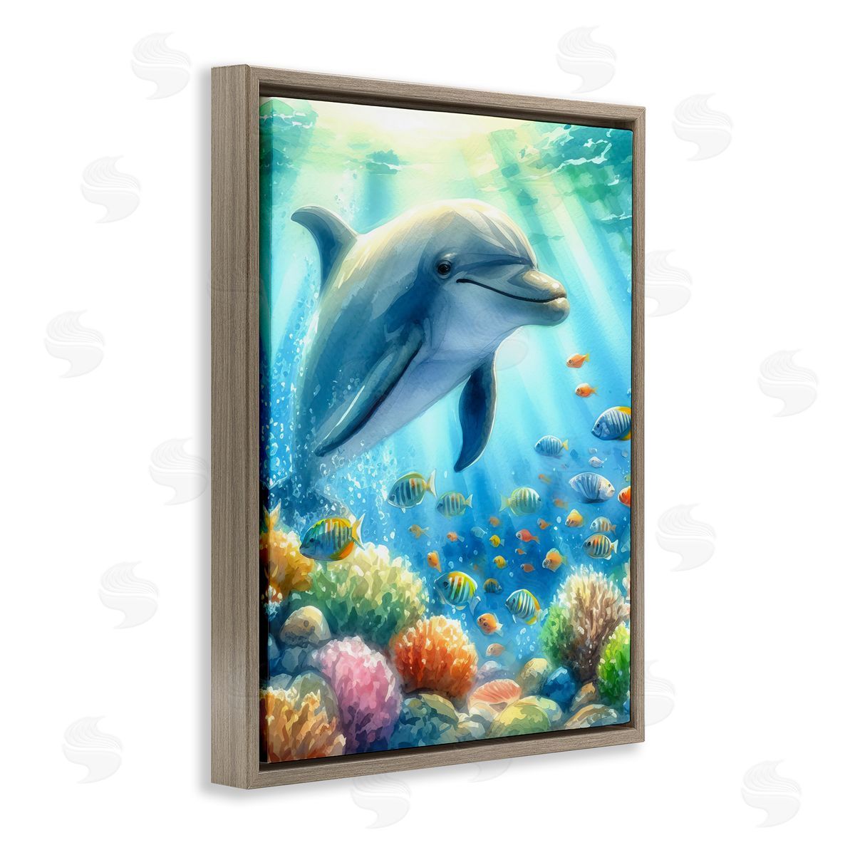 Majestic Dolphin Underwater Brown Floating Frame Canvas Wall Art, Home Decor by LSR Design Studio