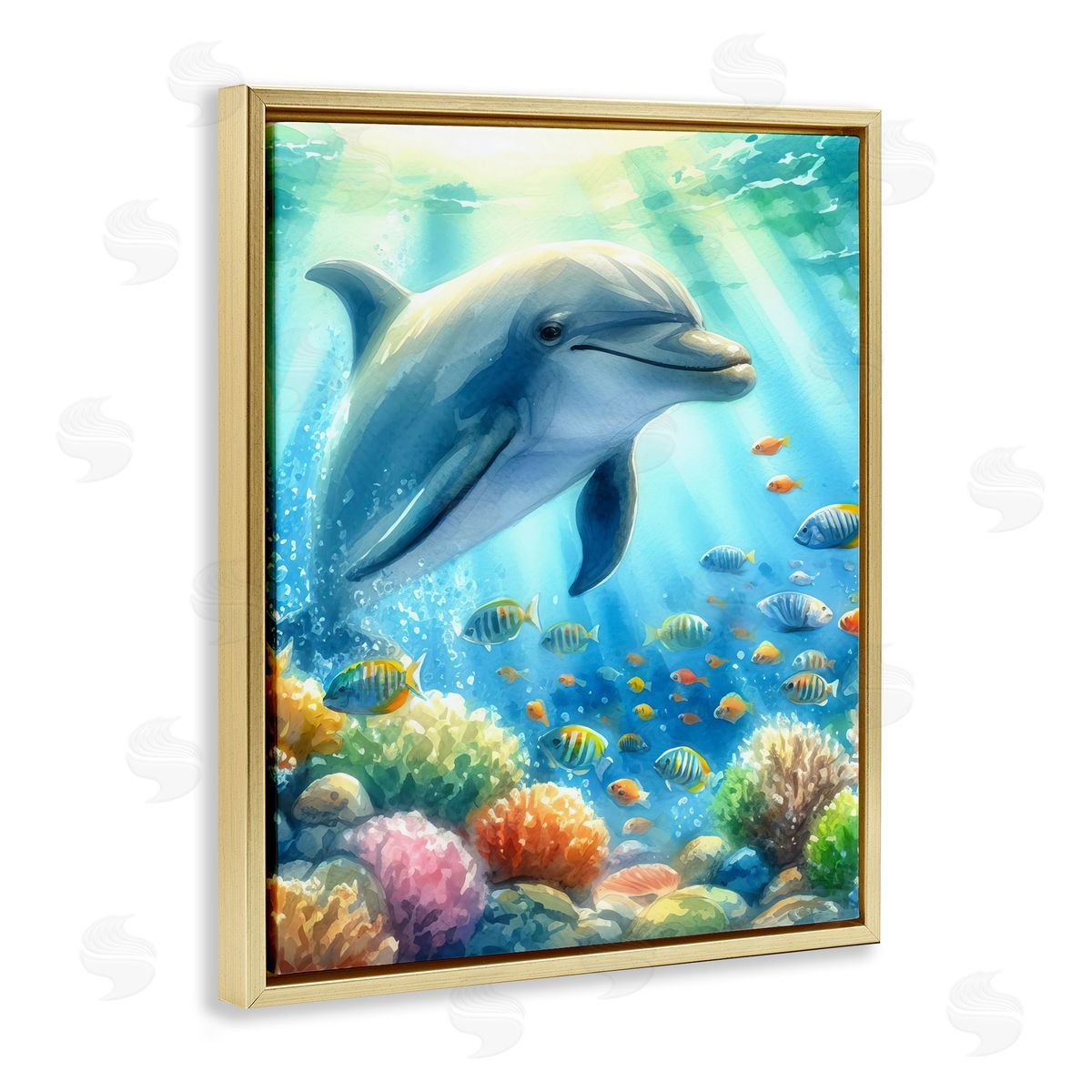 Majestic Dolphin Underwater Gold Floating Frame Canvas Wall Art, Home Decor by LSR Design Studio