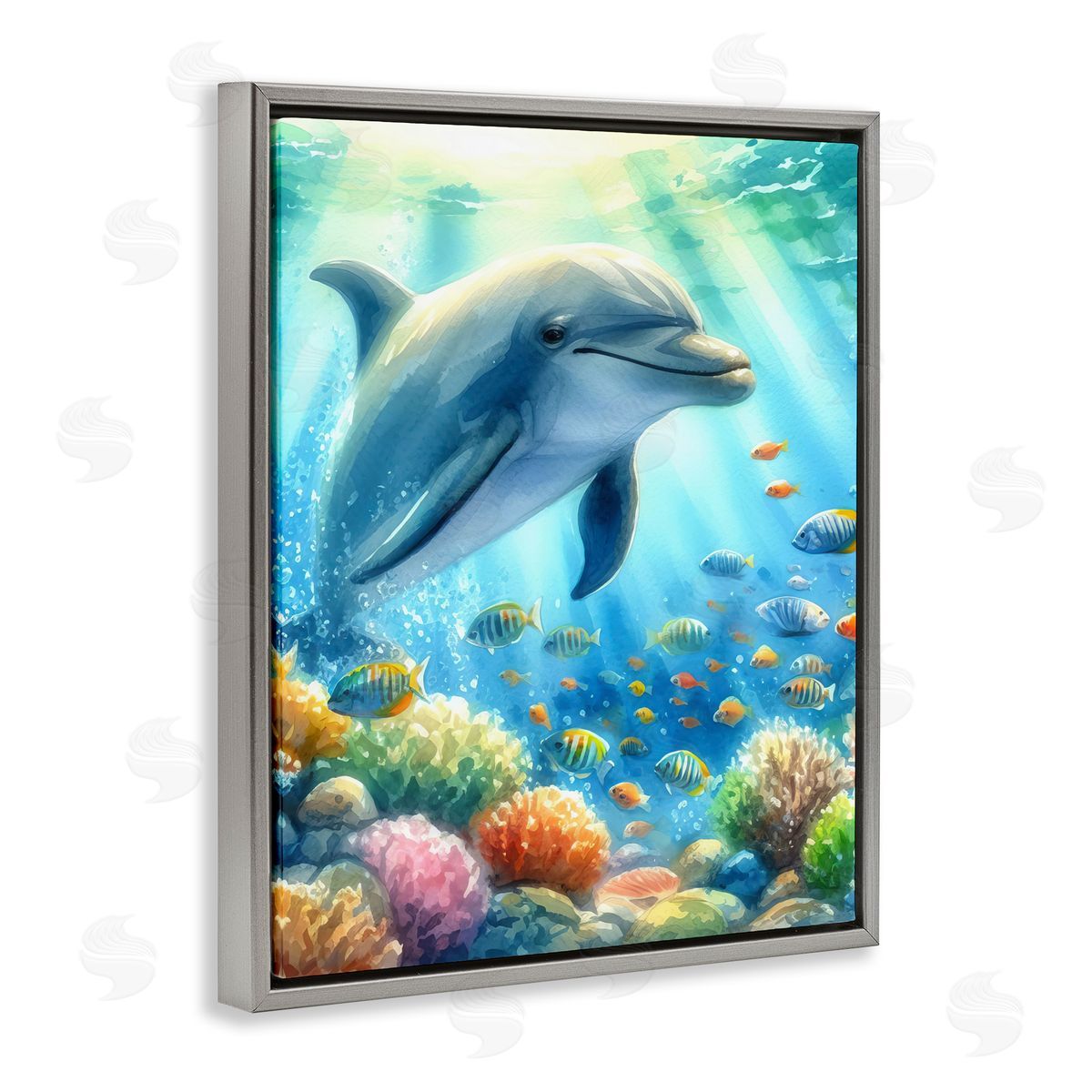 Majestic Dolphin Underwater Grey Floating Frame Canvas Wall Art, Home Decor by LSR Design Studio