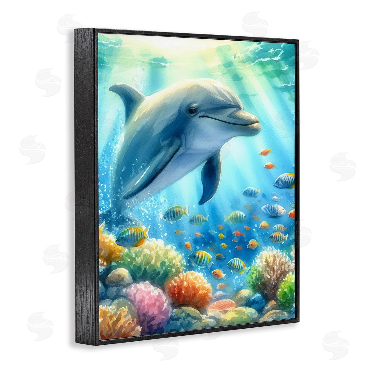 Majestic Dolphin Underwater Black Frame Print Wall Art, Home Decor by LSR Design Studio