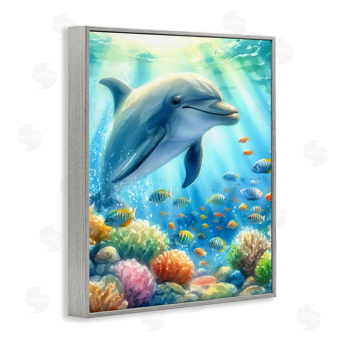 Majestic Dolphin Underwater Grey Frame Print Wall Art, Home Decor by LSR Design Studio