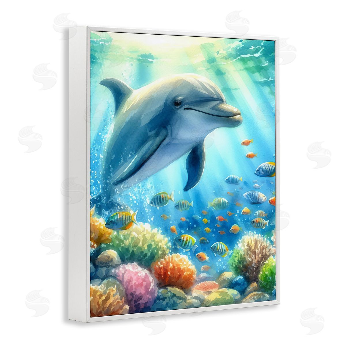 Majestic Dolphin Underwater White Frame Print Wall Art, Home Decor by LSR Design Studio
