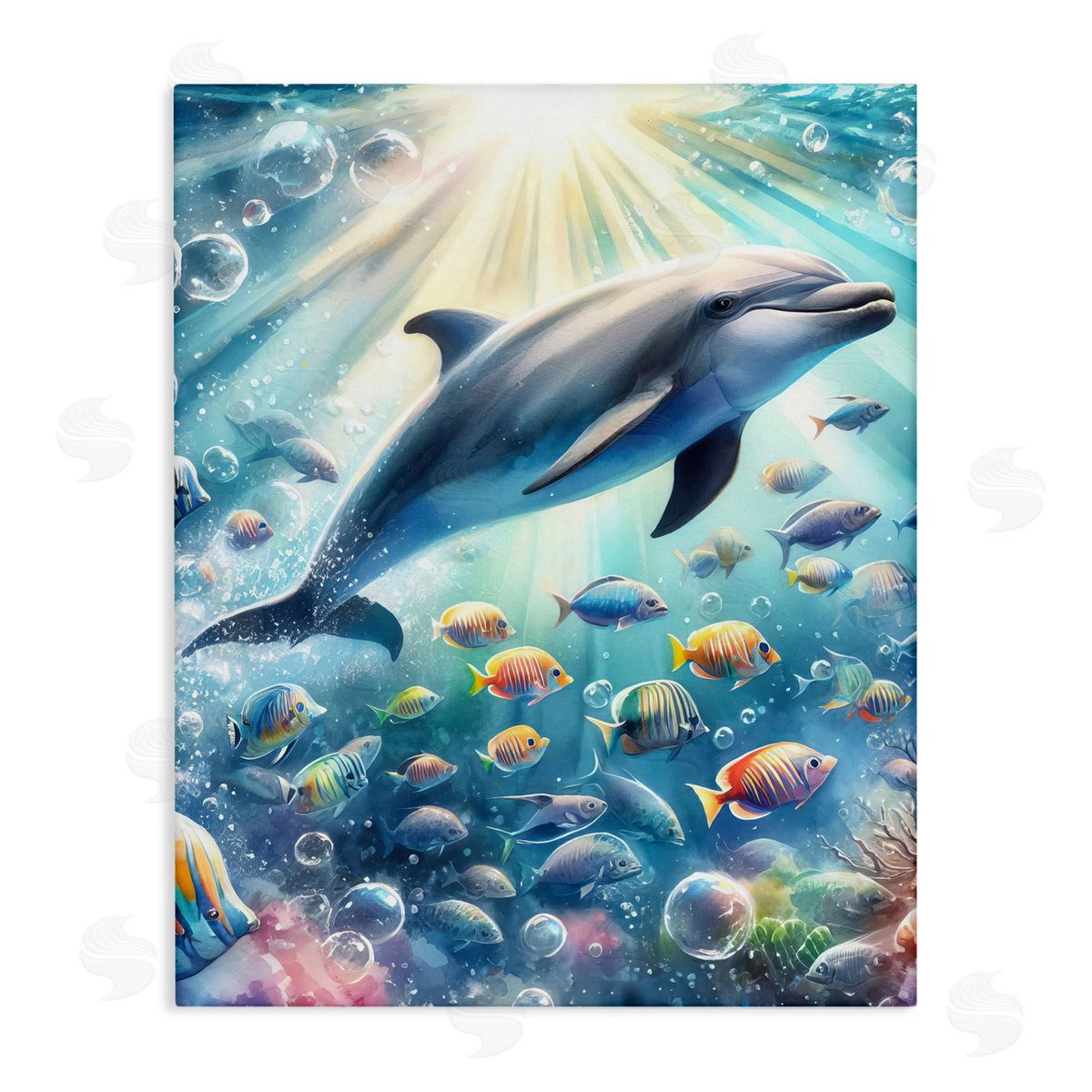 Dolphin Among Sea Life Canvas Wall Art, Home Decor by LSR Design Studio