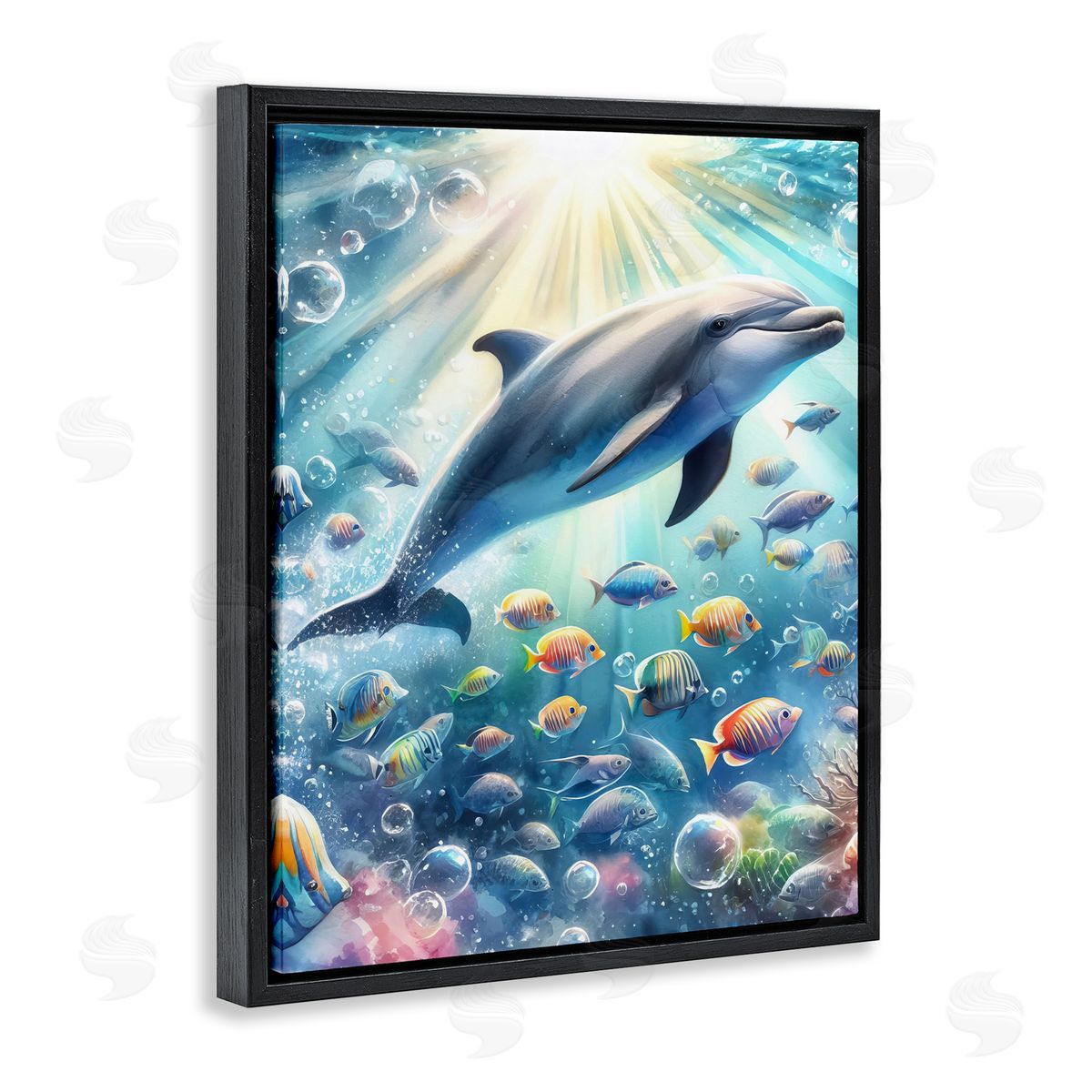Dolphin Among Sea Life Black Floating Frame Canvas Wall Art, Home Decor by LSR Design Studio