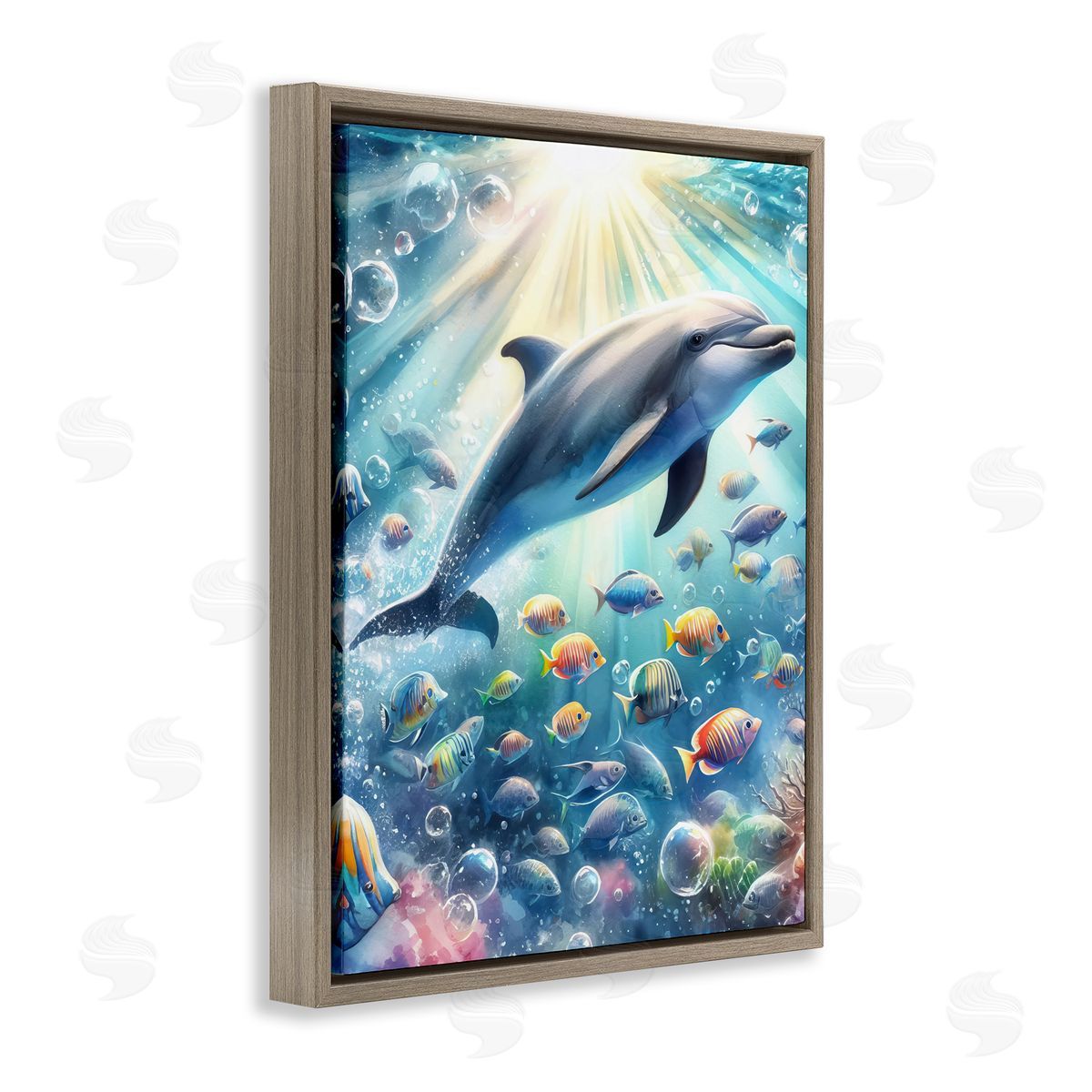 Dolphin Among Sea Life Brown Floating Frame Canvas Wall Art, Home Decor by LSR Design Studio