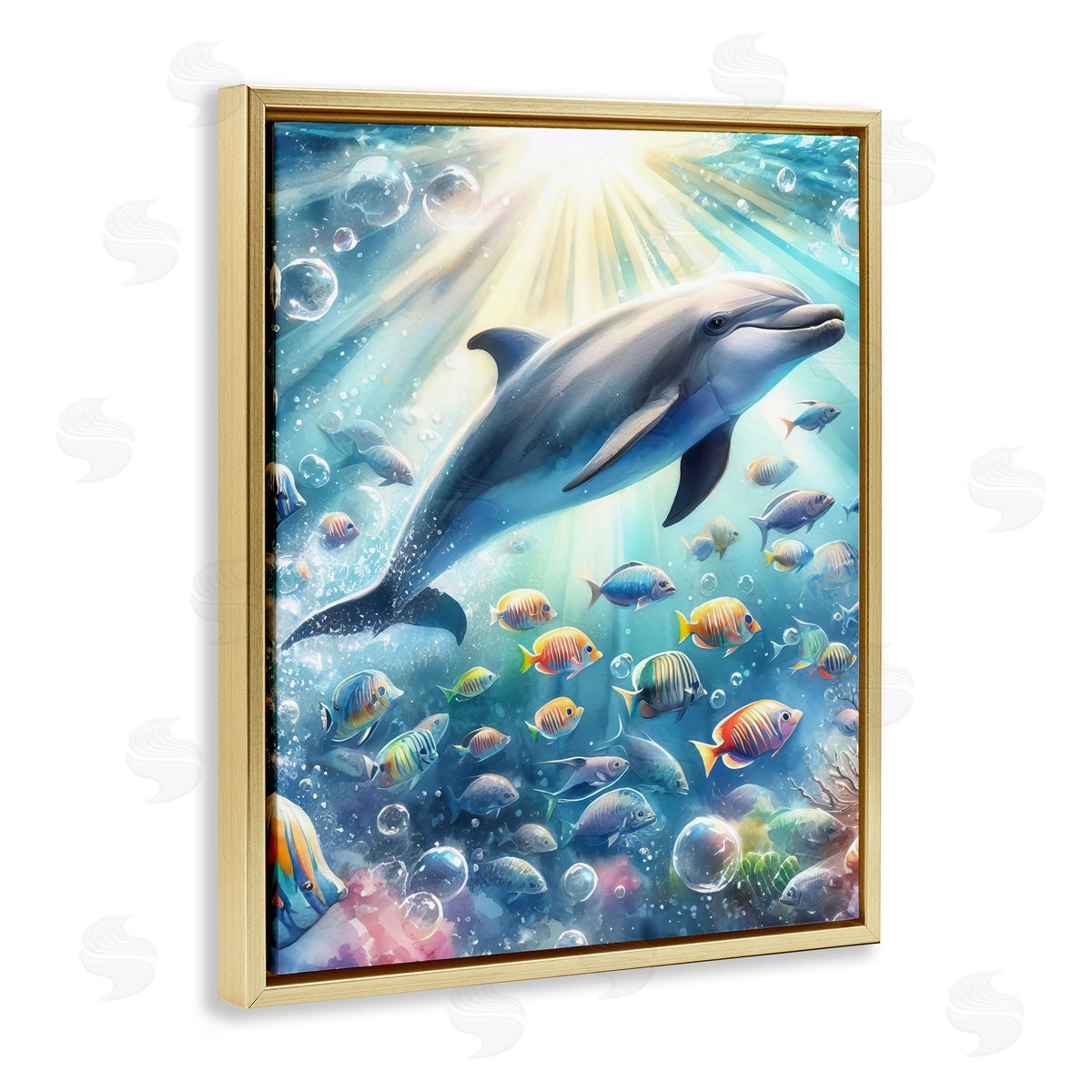 Dolphin Among Sea Life Gold Floating Frame Canvas Wall Art, Home Decor by LSR Design Studio