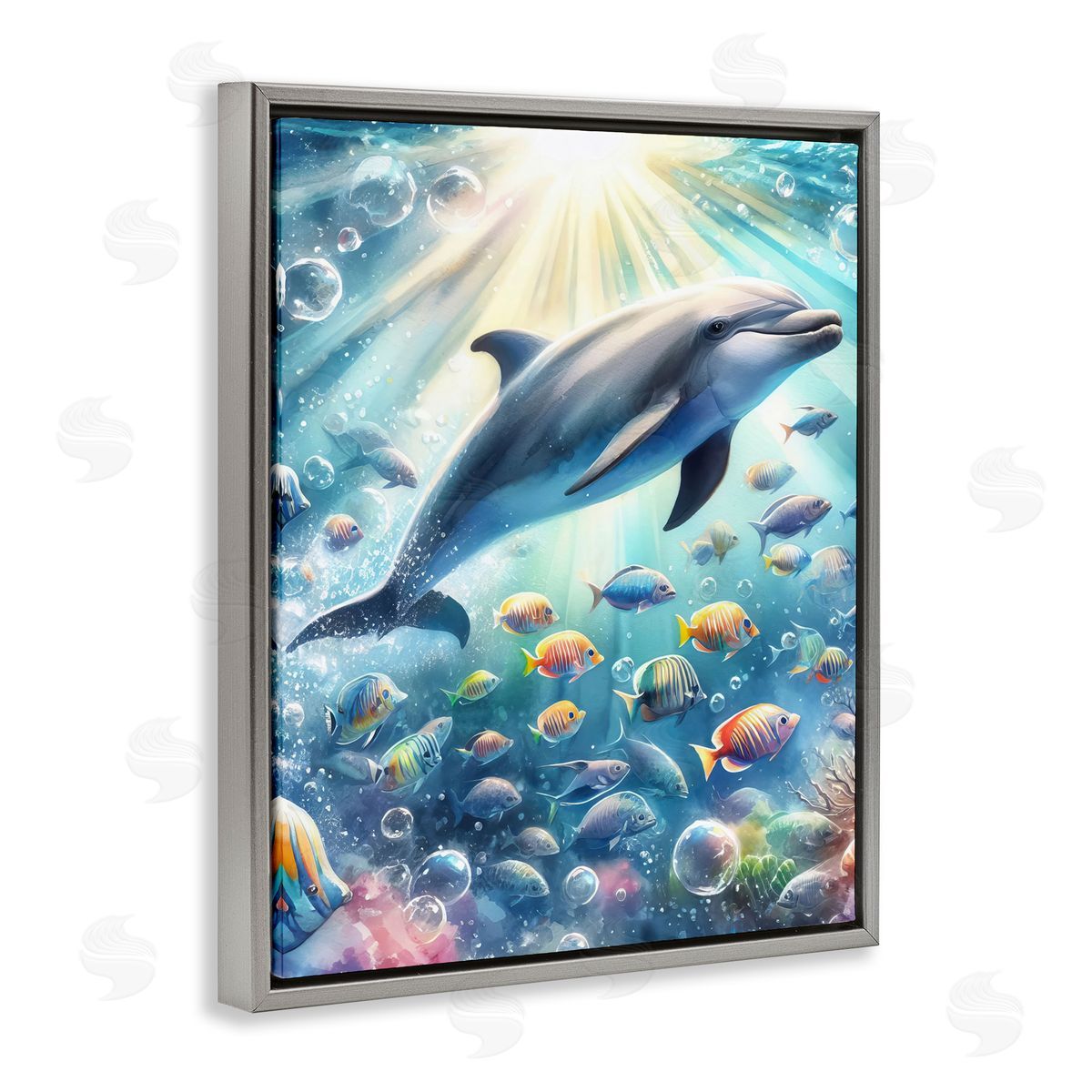 Dolphin Among Sea Life Grey Floating Frame Canvas Wall Art, Home Decor by LSR Design Studio