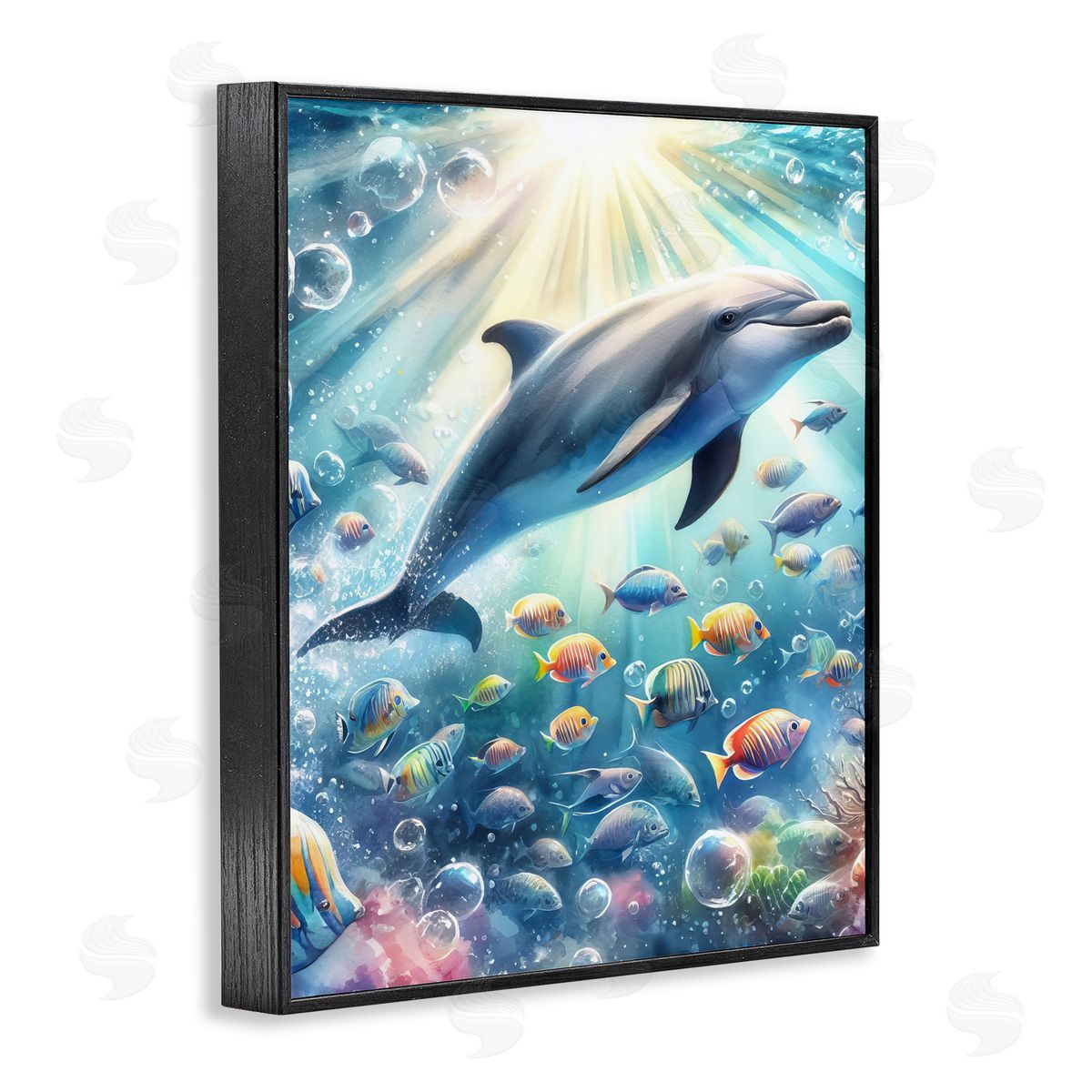Dolphin Among Sea Life Black Frame Print Wall Art, Home Decor by LSR Design Studio