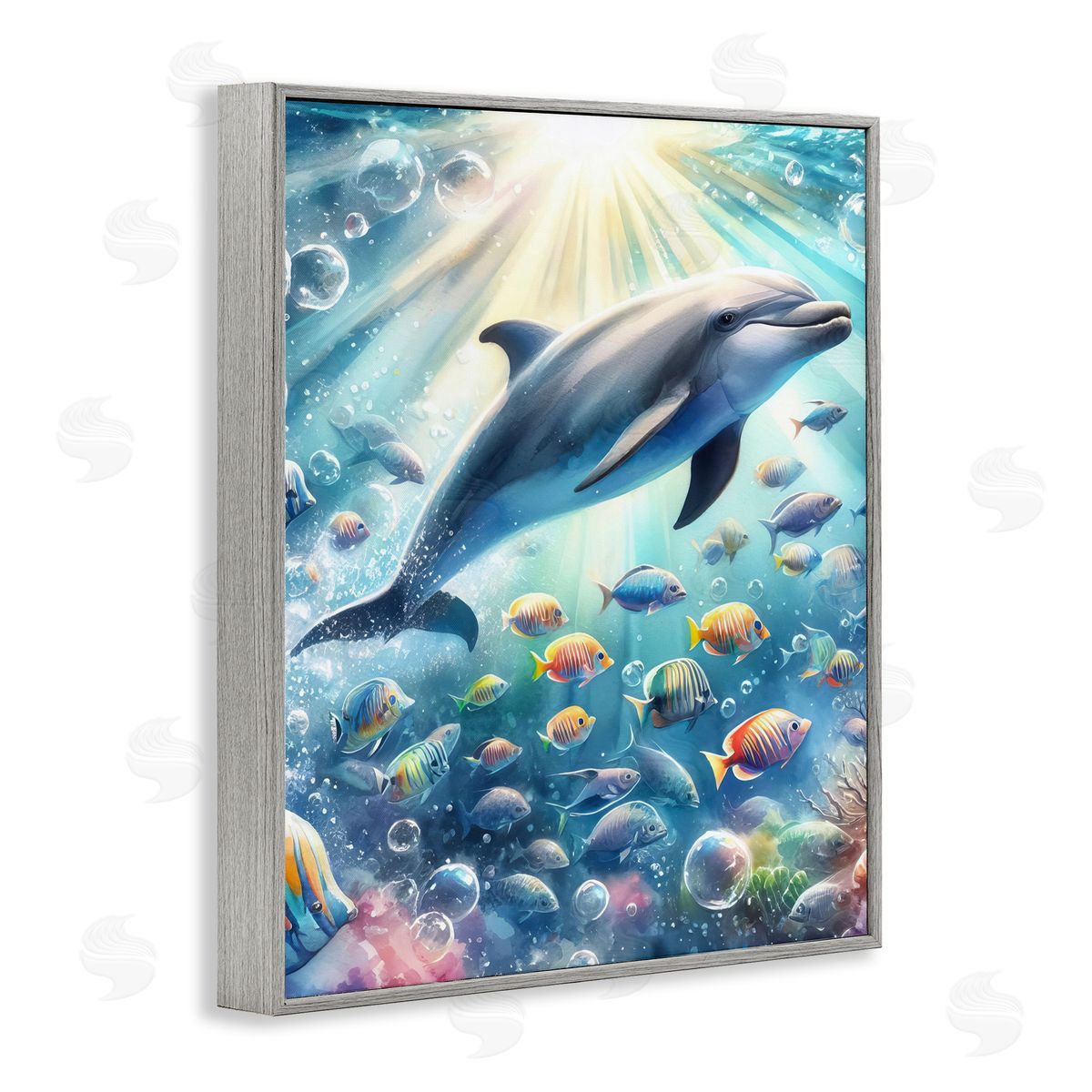 Dolphin Among Sea Life Grey Frame Print Wall Art, Home Decor by LSR Design Studio