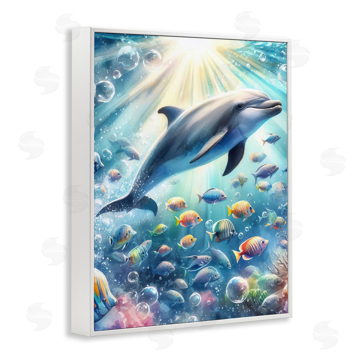 Dolphin Among Sea Life White Frame Print Wall Art, Home Decor by LSR Design Studio