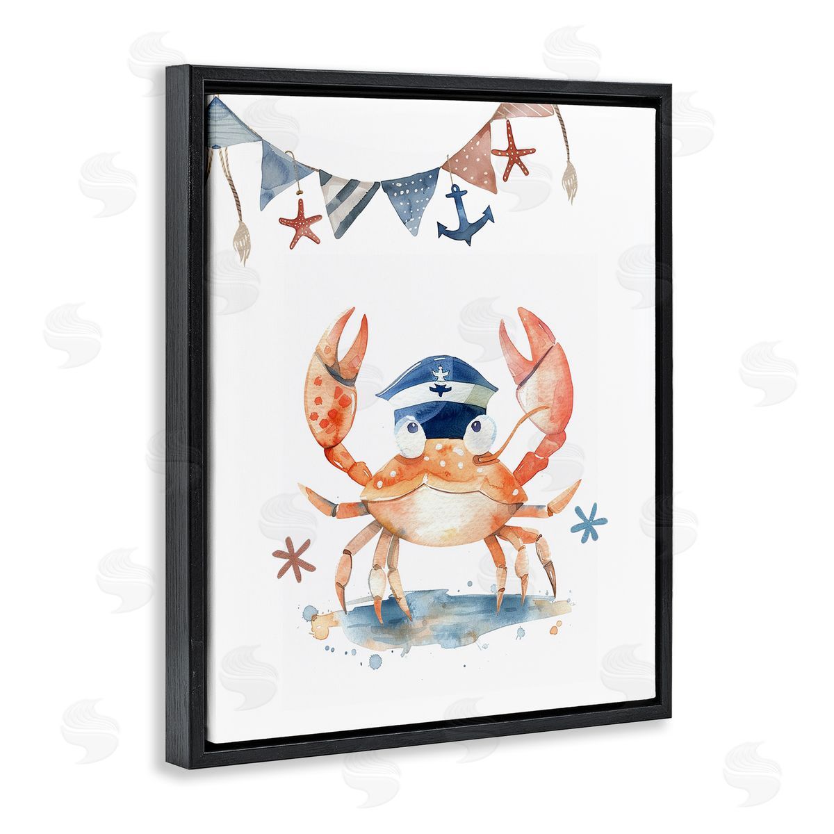 Crab in Sailor Hat Black Floating Frame Canvas Wall Art, Home Decor by LSR Design Studio