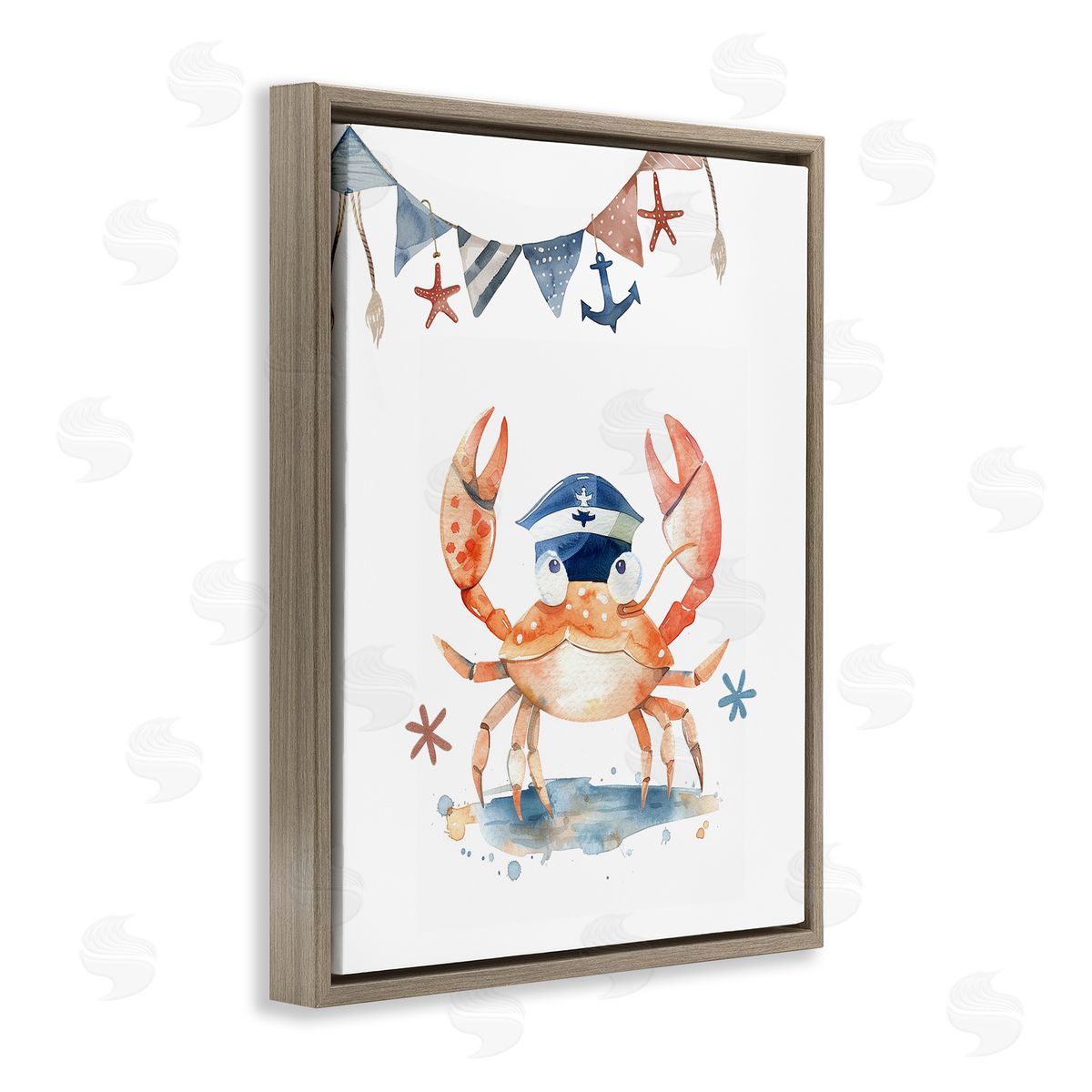 Crab in Sailor Hat Brown Floating Frame Canvas Wall Art, Home Decor by LSR Design Studio