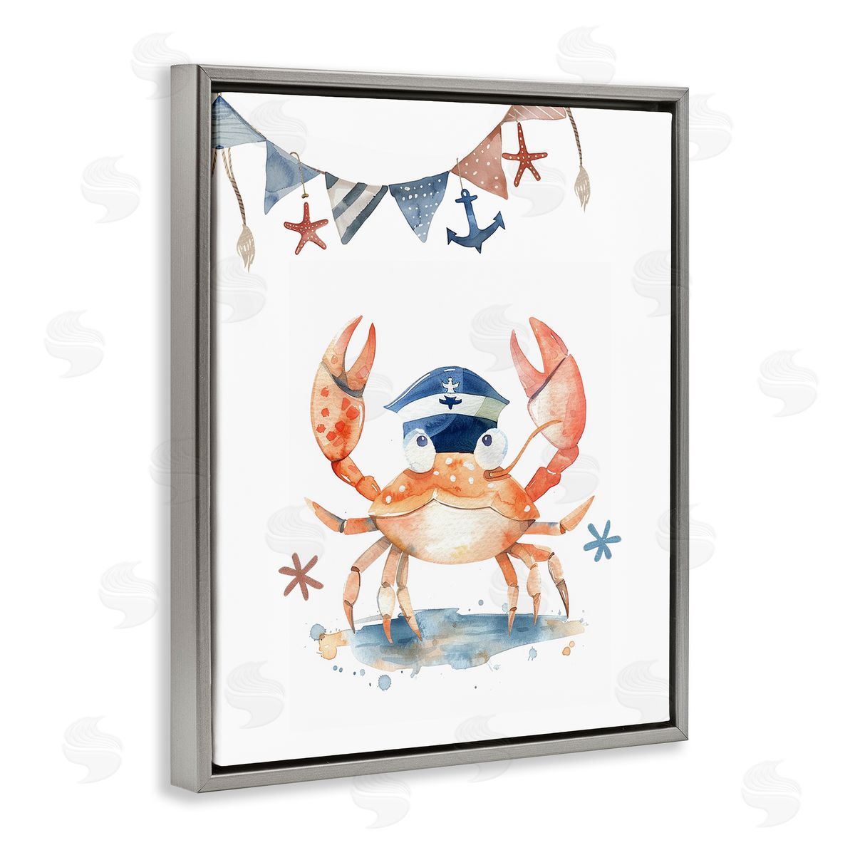 Crab in Sailor Hat Grey Floating Frame Canvas Wall Art, Home Decor by LSR Design Studio