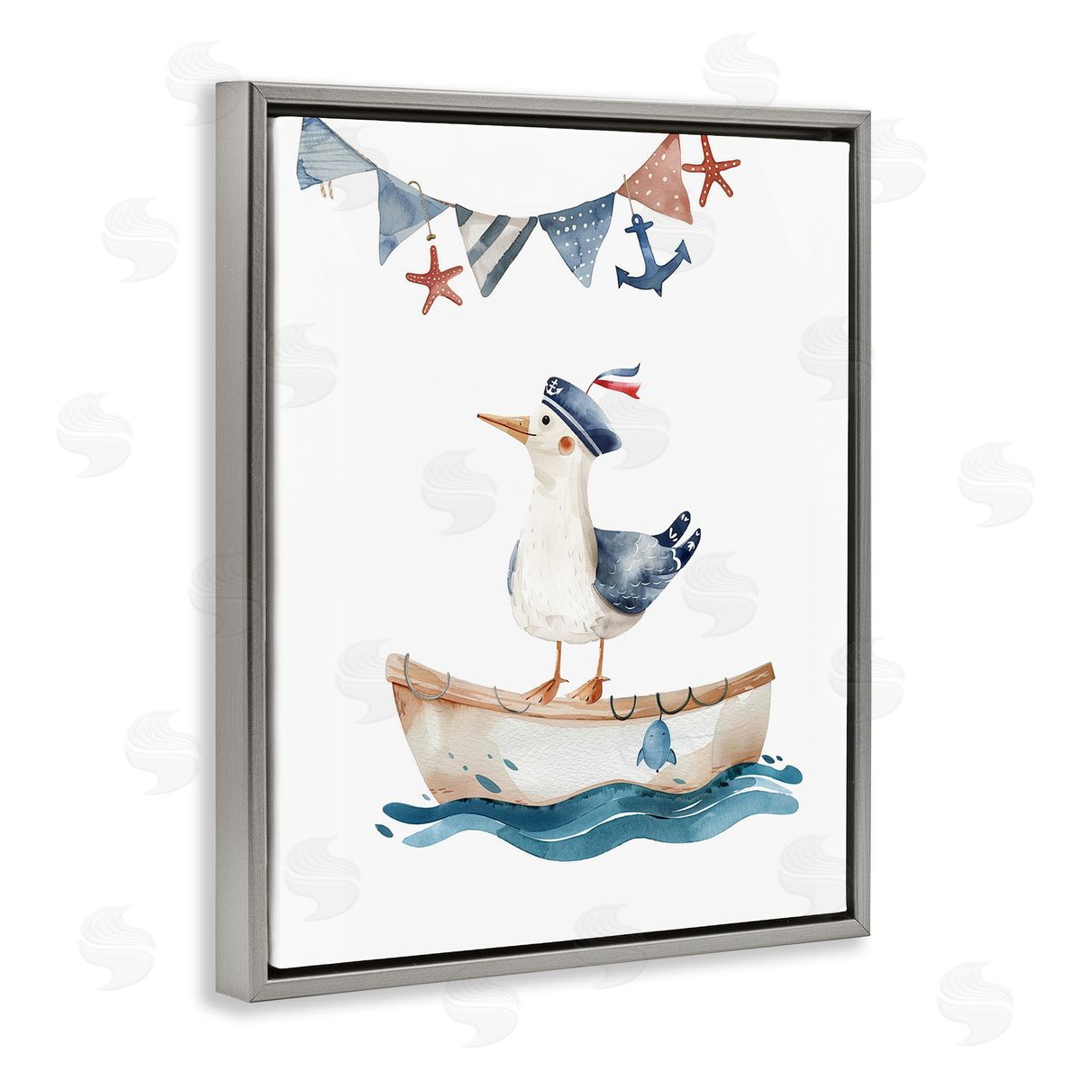 Cute Sailor Seagull Grey Floating Frame Canvas Wall Art, Home Decor by LSR Design Studio