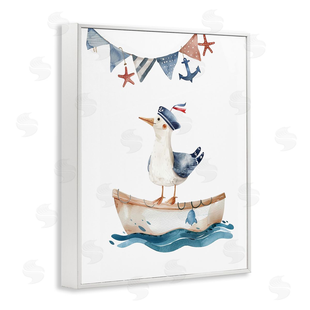 Cute Sailor Seagull White Frame Print Wall Art, Home Decor by LSR Design Studio