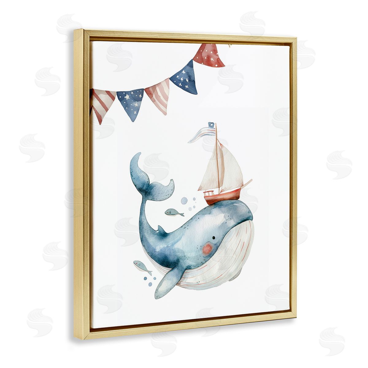 Cute Sailor Whale Gold Floating Frame Canvas Wall Art, Home Decor by LSR Design Studio