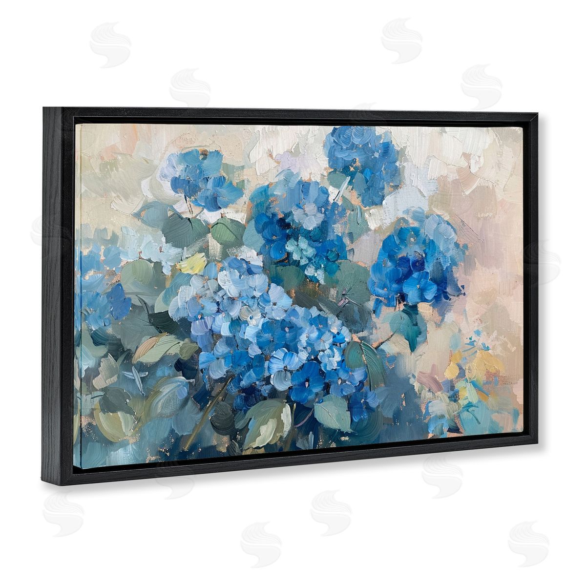 Blue Hydrangeas Impression Black Floating Frame Canvas Wall Art, Home Decor by LSR Design Studio