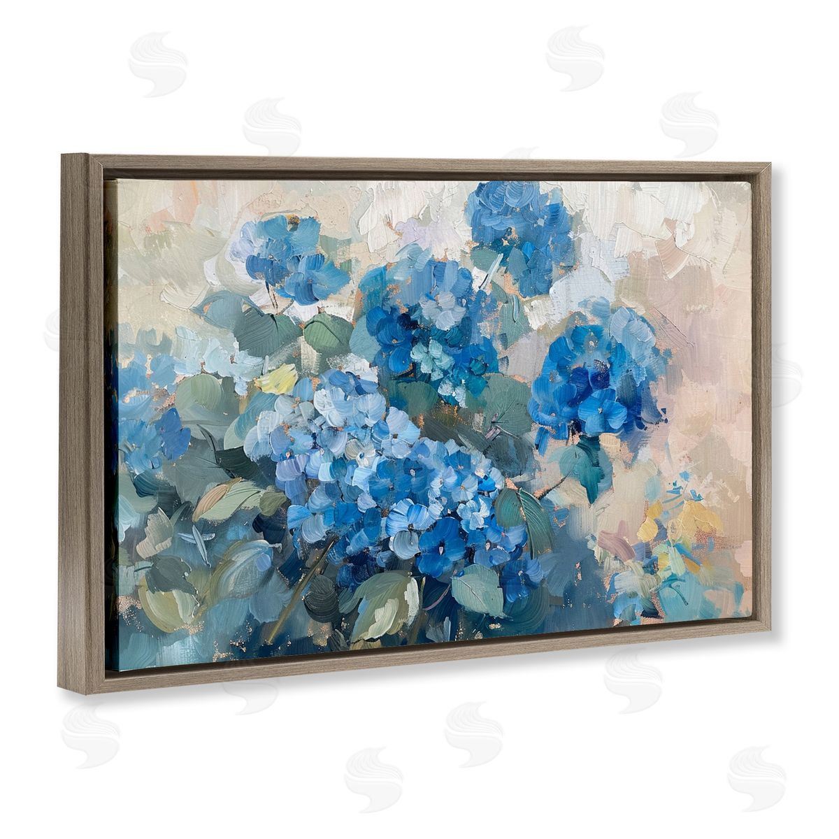 Blue Hydrangeas Impression Brown Floating Frame Canvas Wall Art, Home Decor by LSR Design Studio