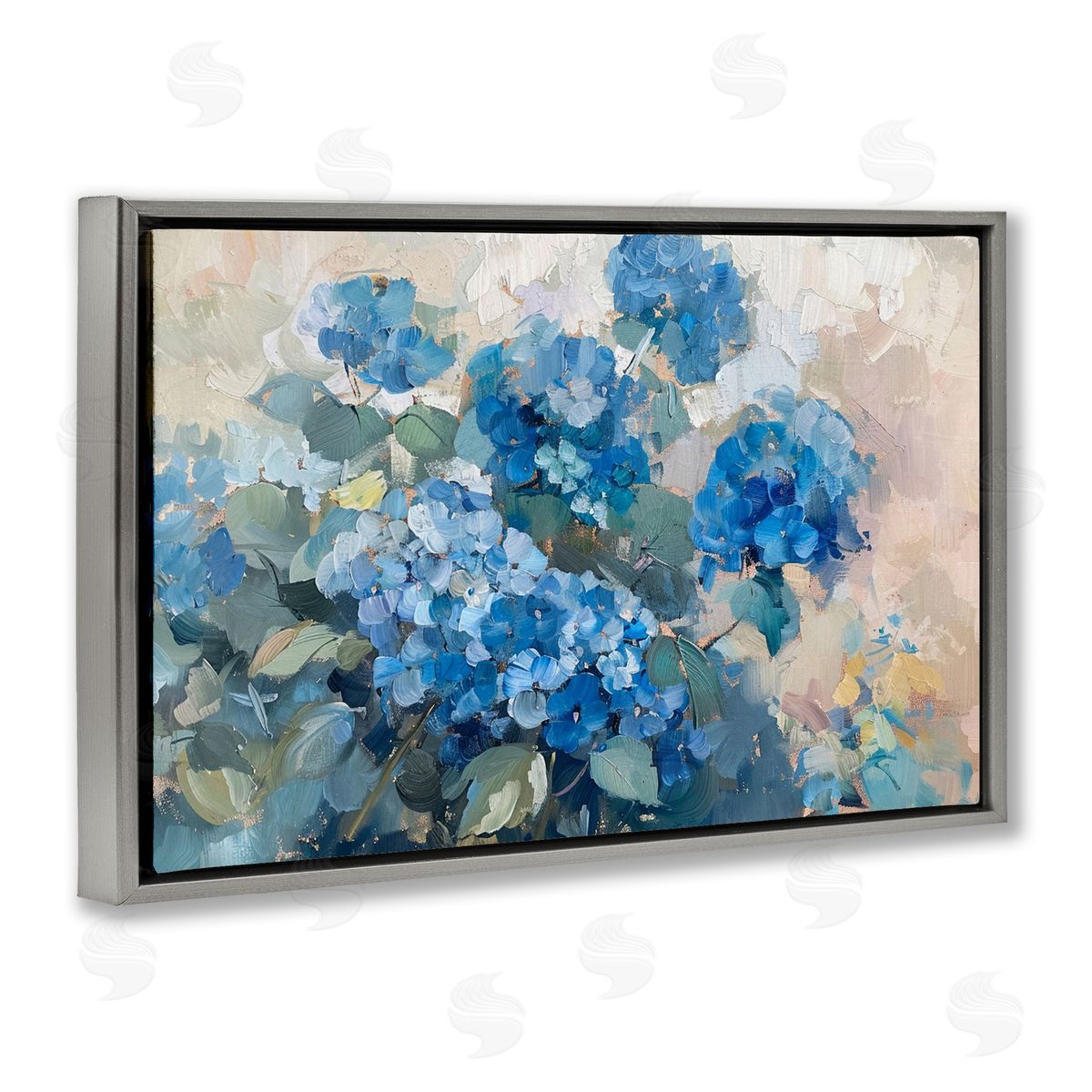Blue Hydrangeas Impression Grey Floating Frame Canvas Wall Art, Home Decor by LSR Design Studio