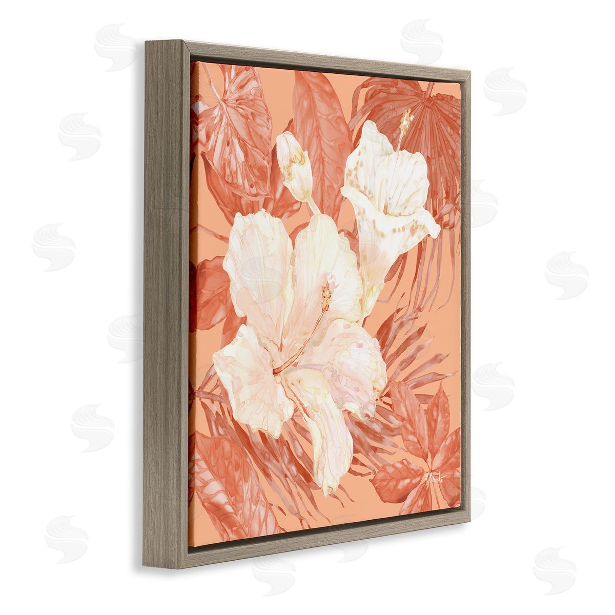 Hibiscus & Leaf Bunch Brown Floating Frame Canvas Wall Art, Home Decor by Paul Brent