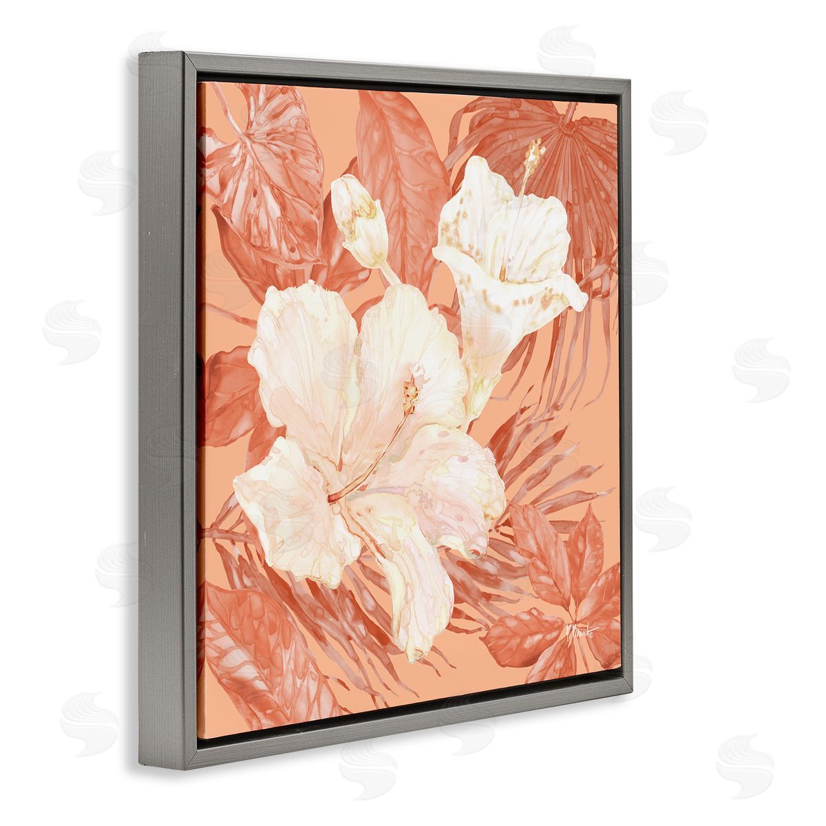 Hibiscus & Leaf Bunch Grey Floating Frame Canvas Wall Art, Home Decor by Paul Brent