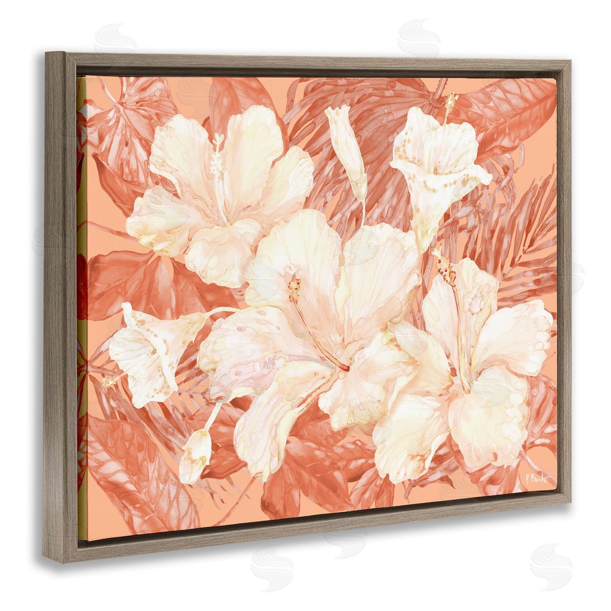 Bright Hibiscus Bundle Brown Floating Frame Canvas Wall Art, Home Decor by Paul Brent