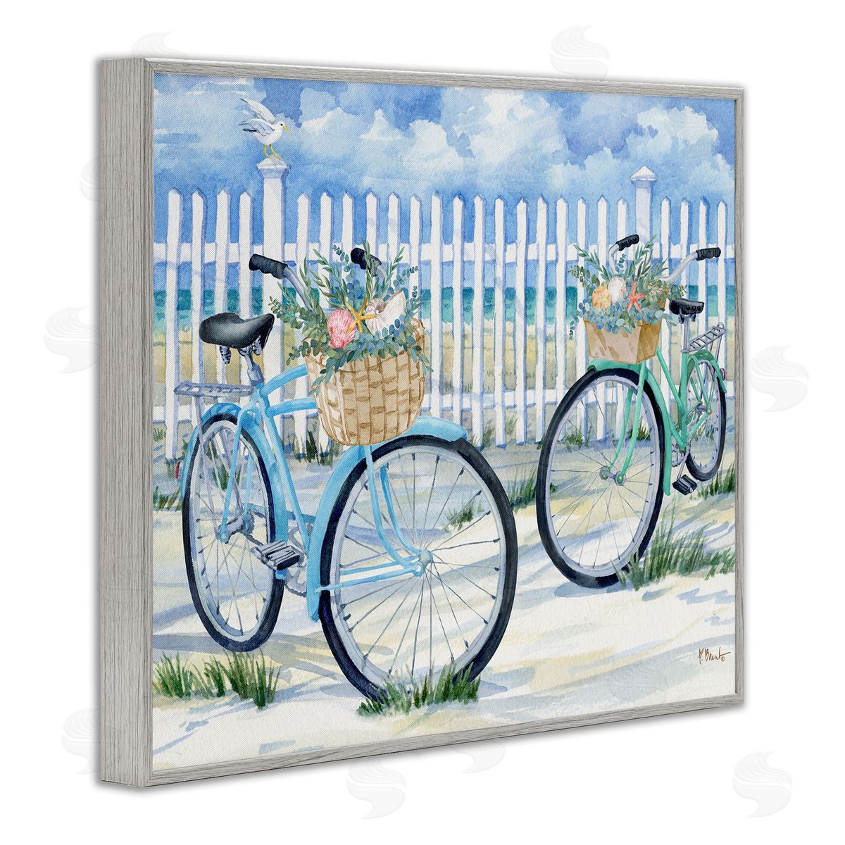 Bicycles at Beach Fence Grey Frame Print Wall Art, Home Decor by Paul Brent