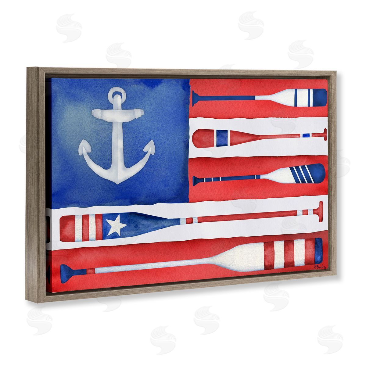 Patriotic Oar Flag Brown Floating Frame Canvas Wall Art, Home Decor by Paul Brent