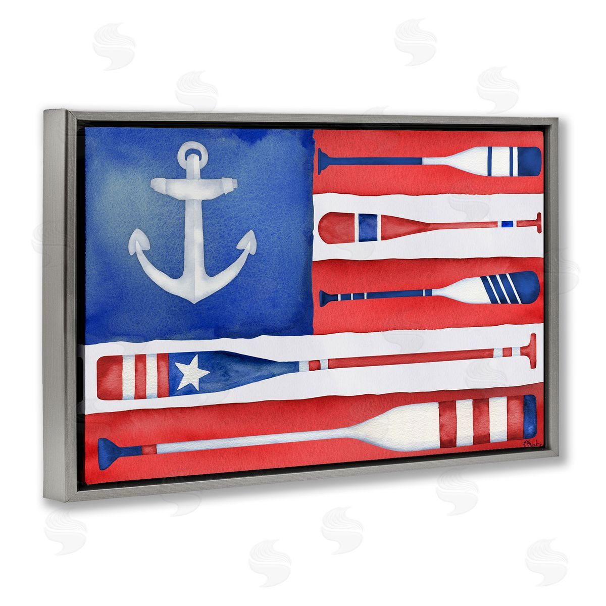 Patriotic Oar Flag Grey Floating Frame Canvas Wall Art, Home Decor by Paul Brent