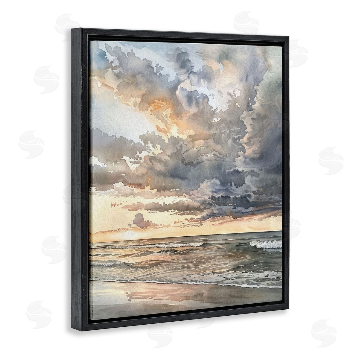 Moody Sea Cloudy View Black Floating Frame Canvas Wall Art, Home Decor by Petal Prints Design