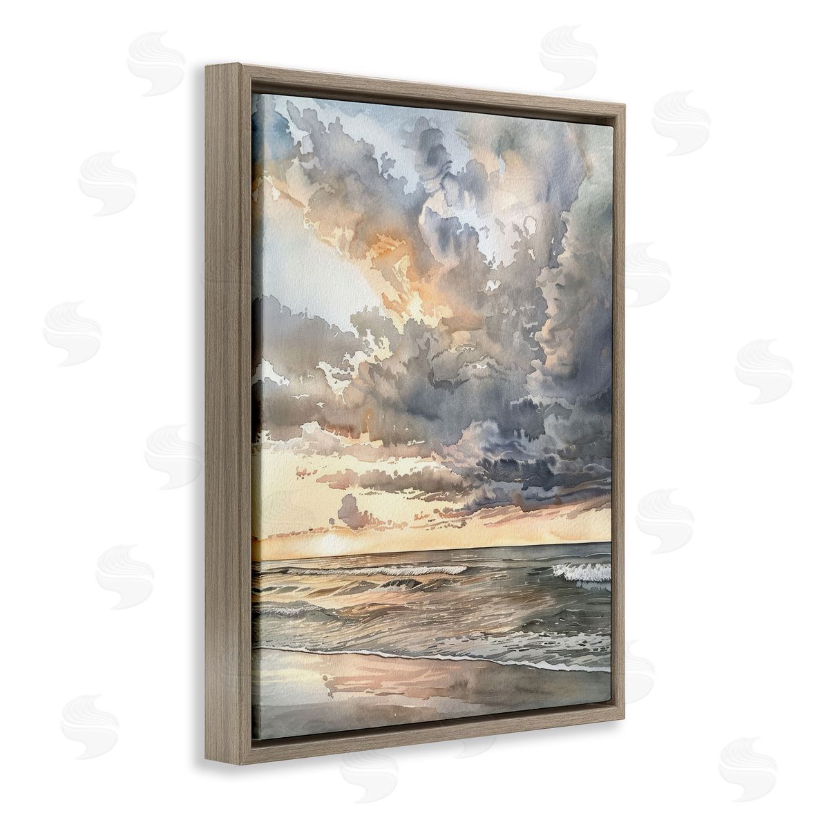 Moody Sea Cloudy View Brown Floating Frame Canvas Wall Art, Home Decor by Petal Prints Design
