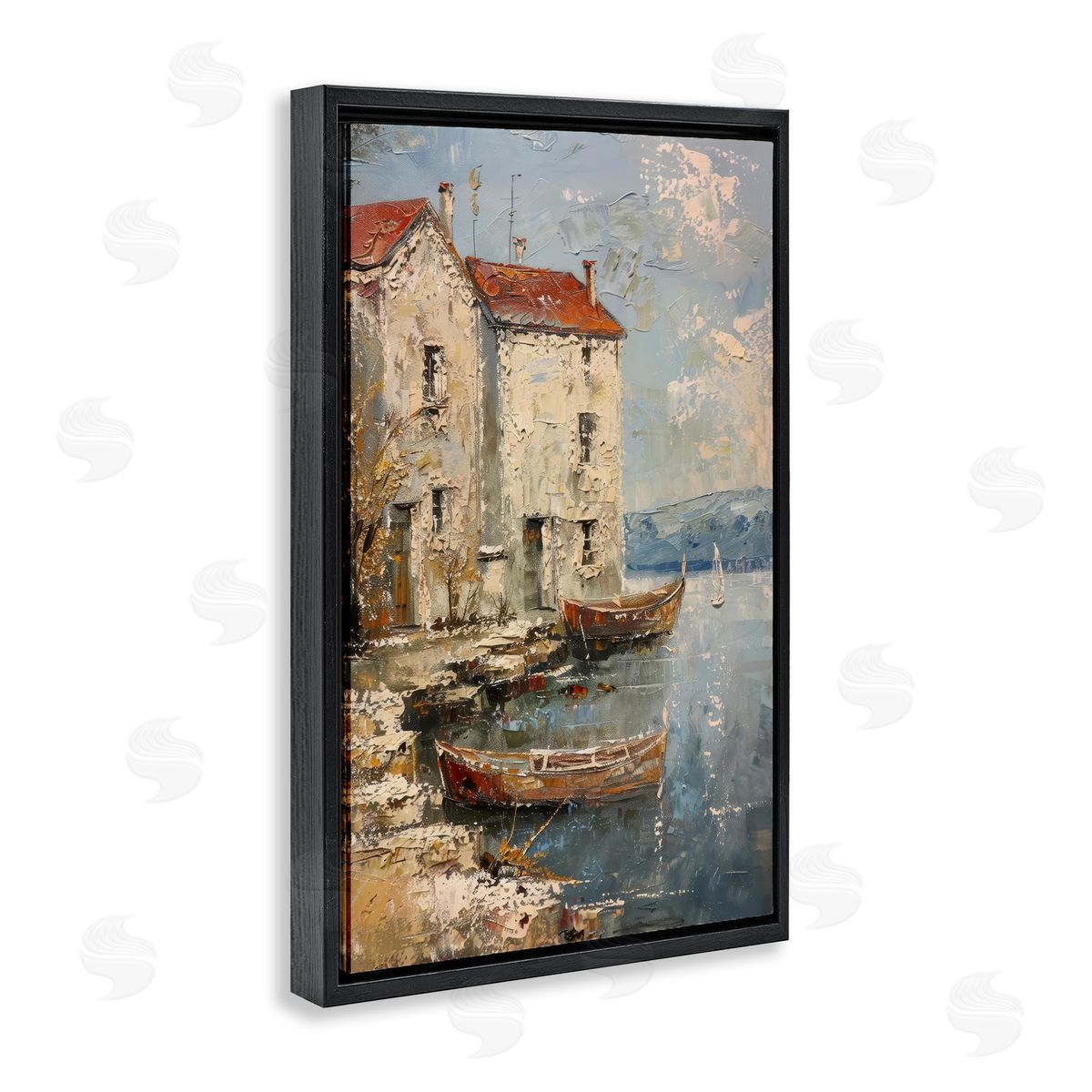 Red Townside Boats Black Floating Frame Canvas Wall Art, Home Decor by Petal Prints Design