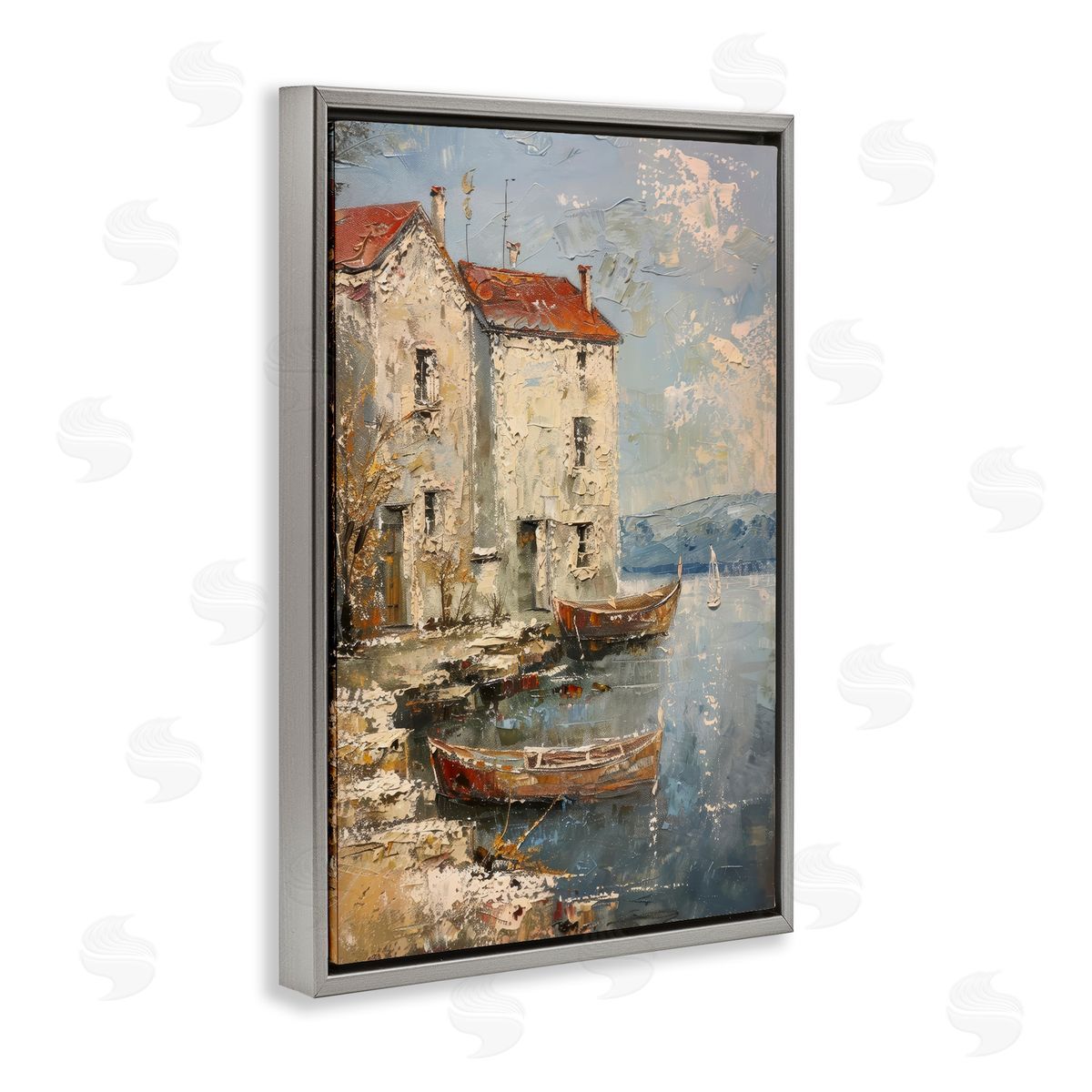 Red Townside Boats Grey Floating Frame Canvas Wall Art, Home Decor by Petal Prints Design