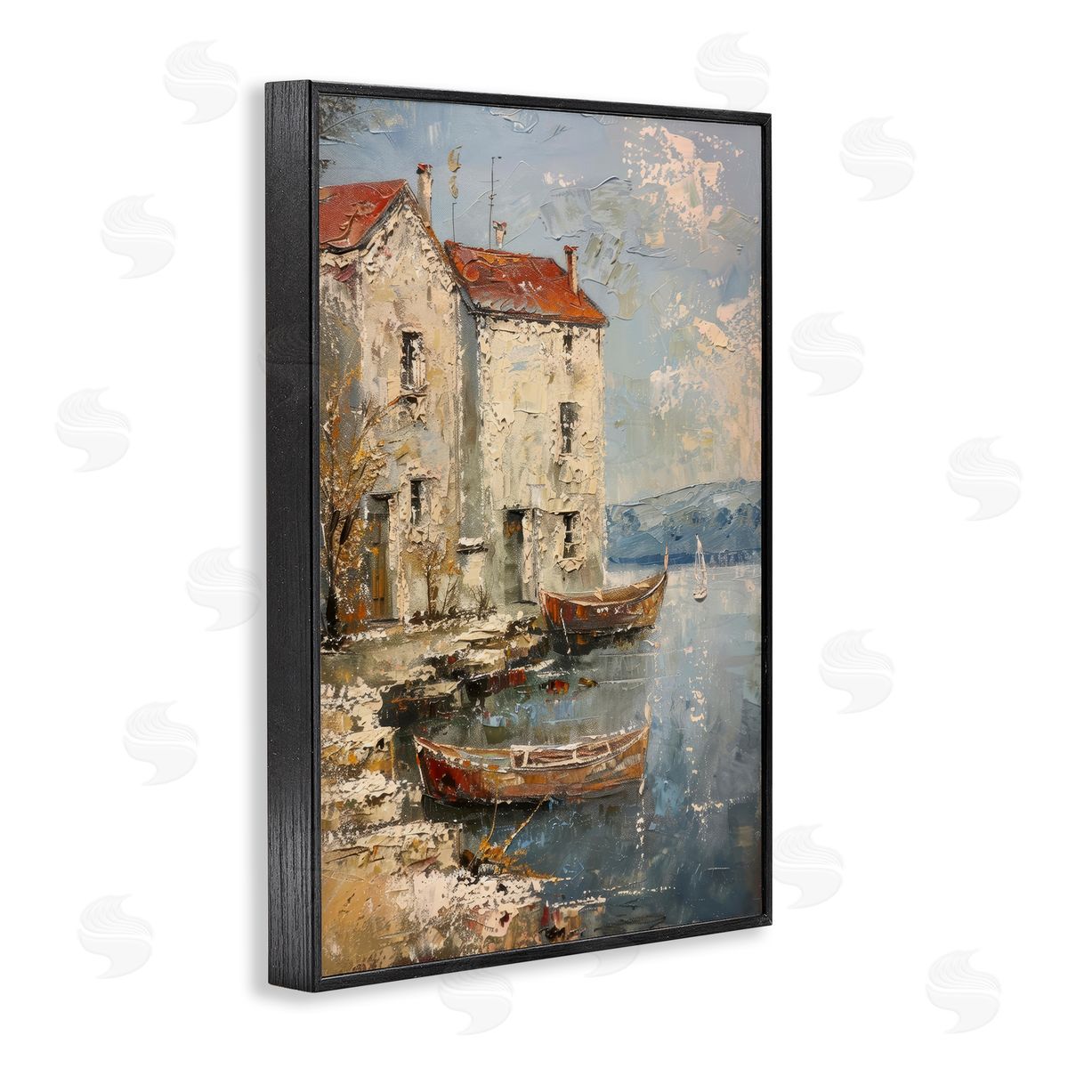 Red Townside Boats Black Frame Print Wall Art, Home Decor by Petal Prints Design