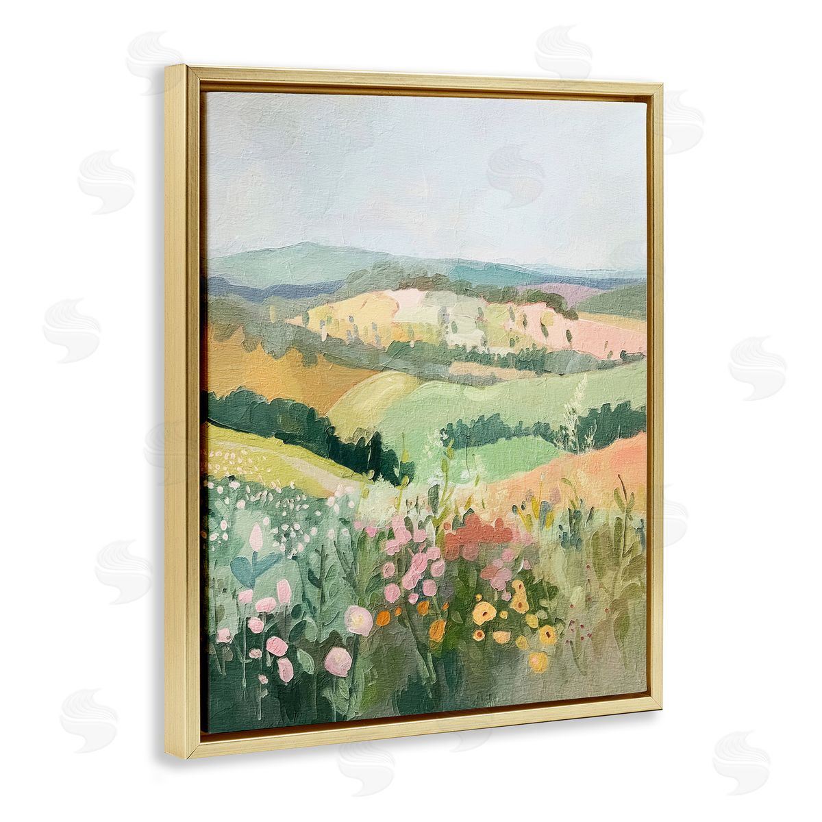 Pastel Rolling Hills Scene Gold Floating Frame Canvas Wall Art, Home Decor by RileyB