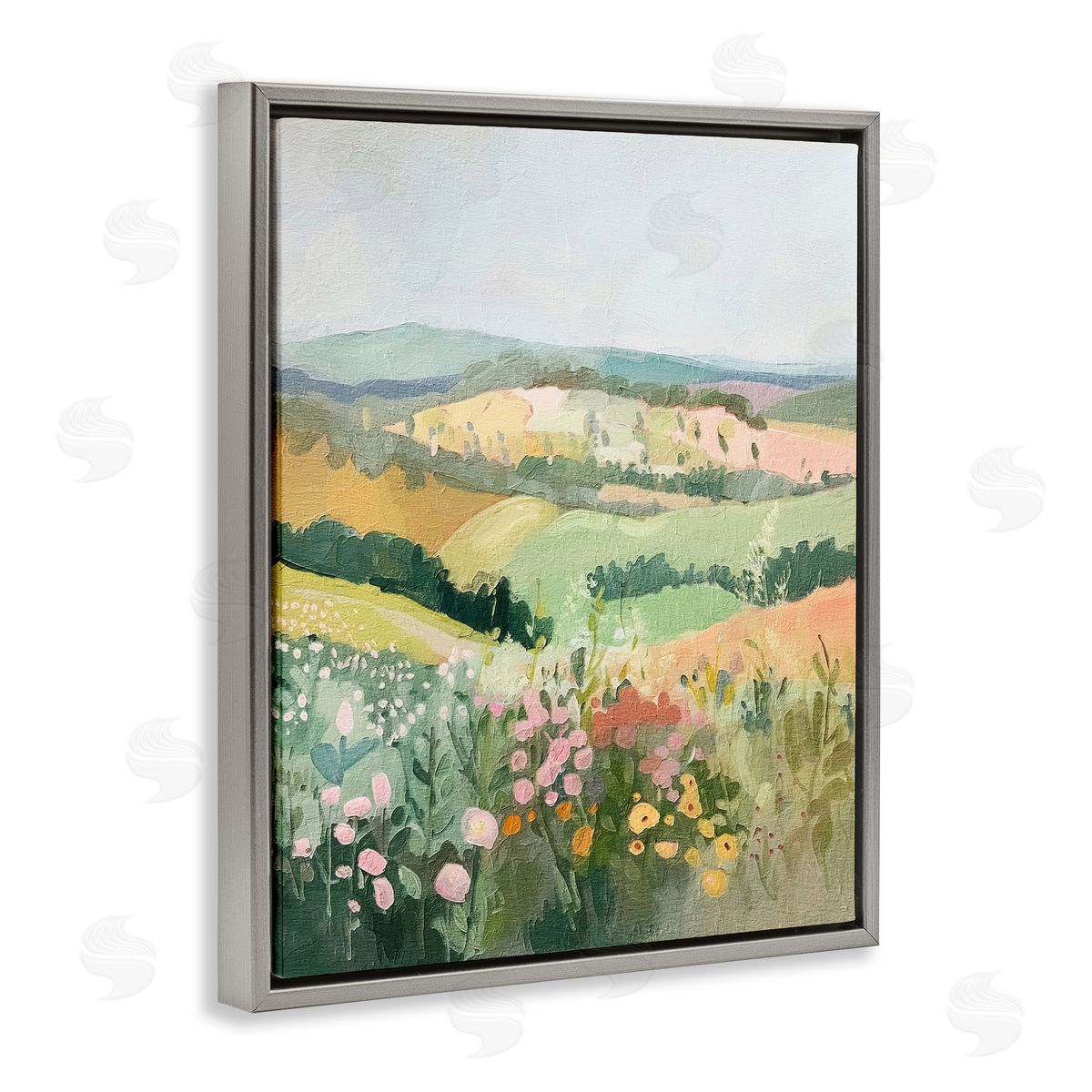 Pastel Rolling Hills Scene Grey Floating Frame Canvas Wall Art, Home Decor by RileyB
