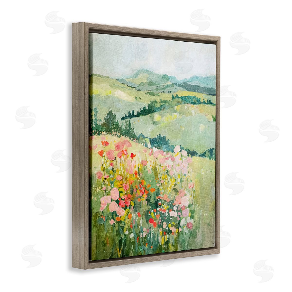 Soft Flowers Meadow Brown Floating Frame Canvas Wall Art, Home Decor by RileyB