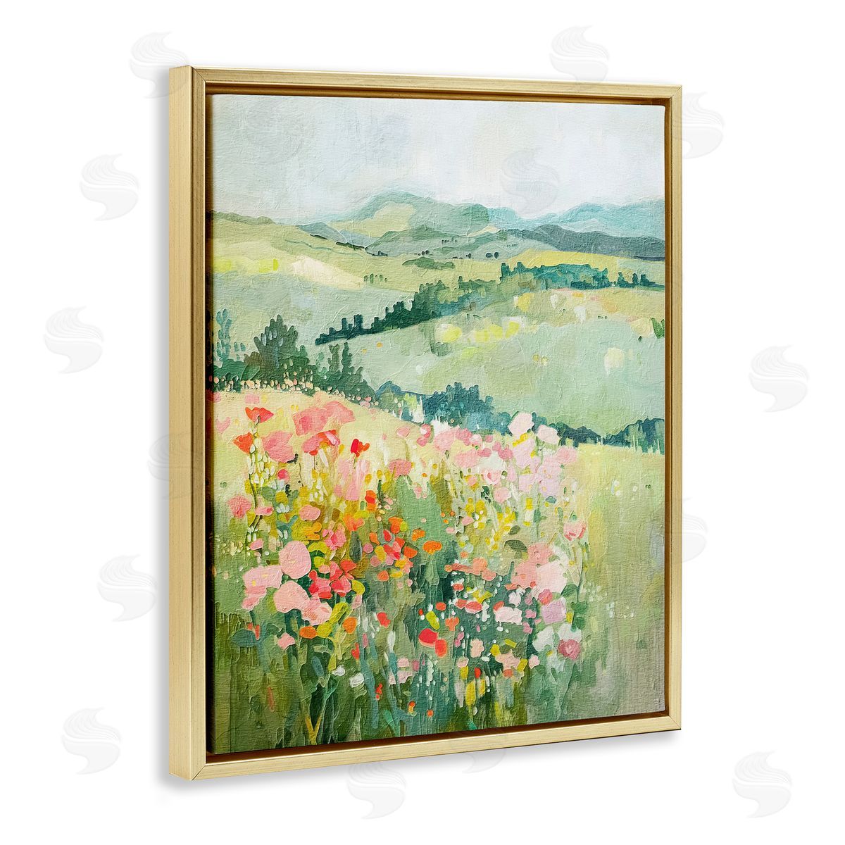 Soft Flowers Meadow Gold Floating Frame Canvas Wall Art, Home Decor by RileyB