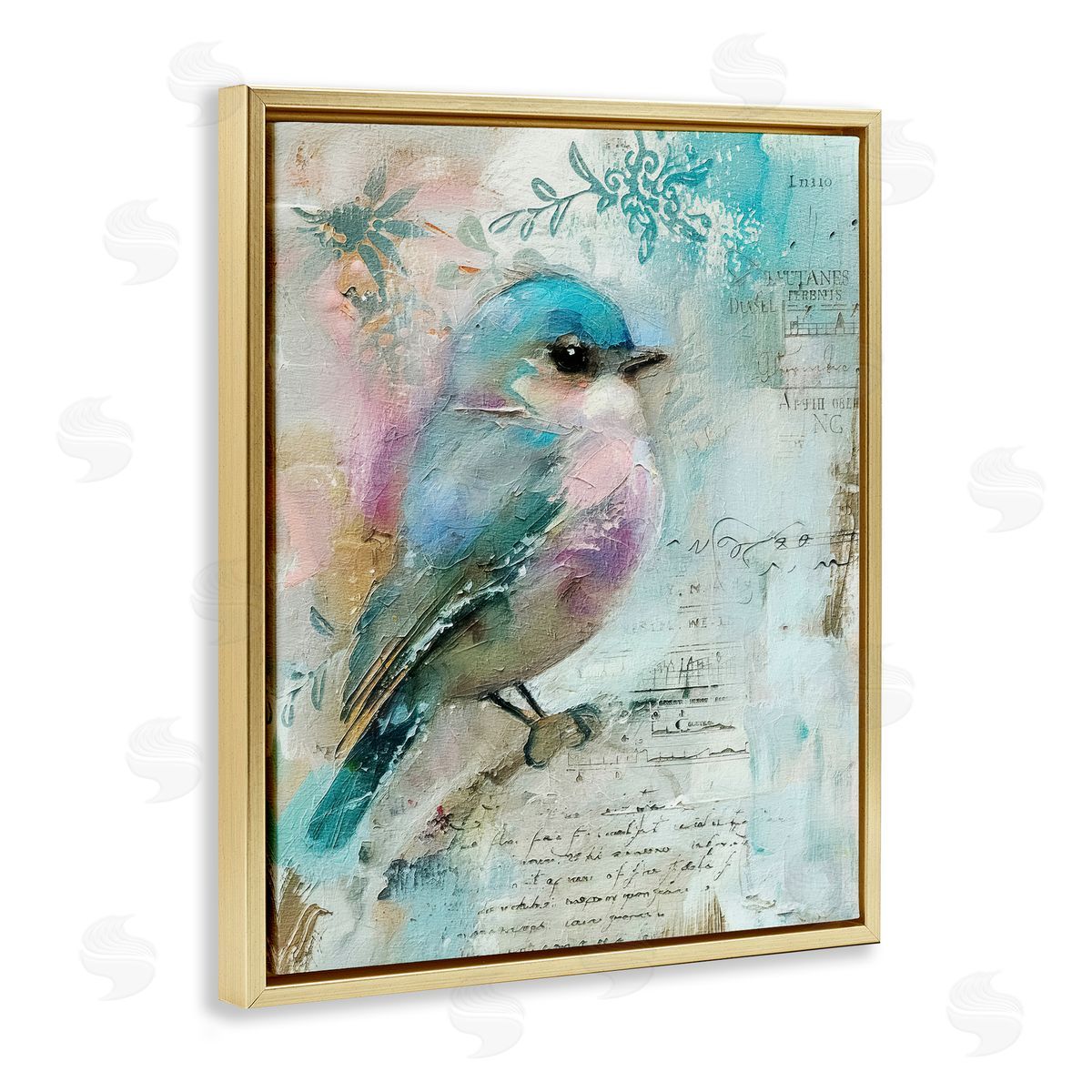 Vintage Soft Pastel Bird Gold Floating Frame Canvas Wall Art, Home Decor by RileyB