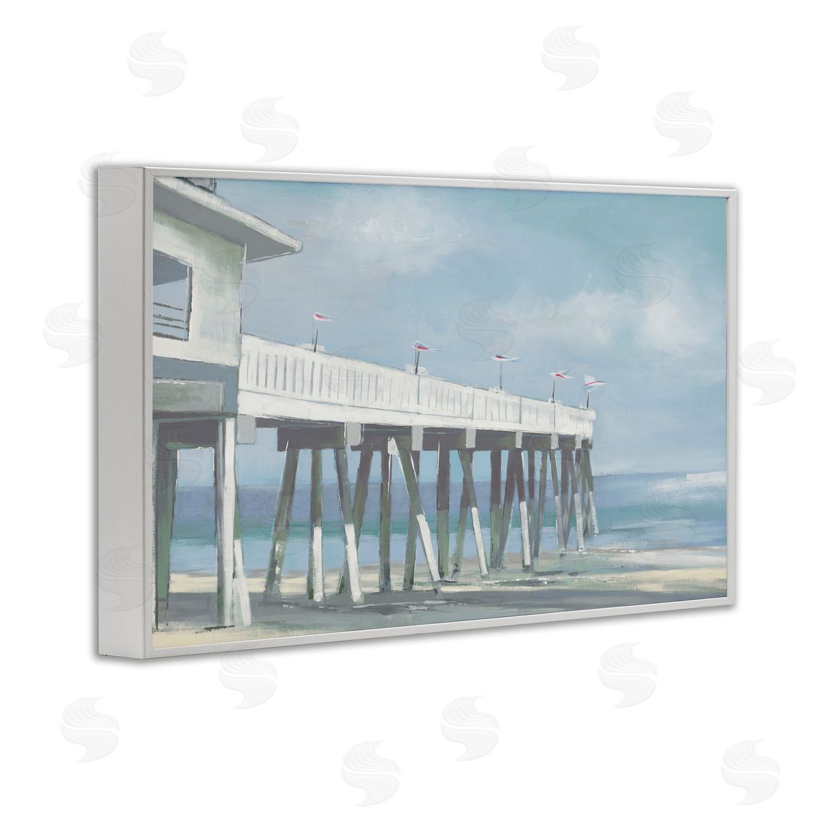 Extended Pier over Beach White Frame Print Wall Art, Home Decor by Liz Jardine