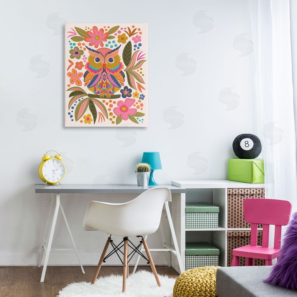 Lisa Perry Whitebutton Eclectic Owl & Flowers Canvas Wall Art Print in Room
