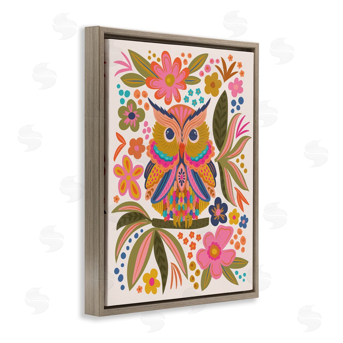 Lisa Perry Whitebutton Eclectic Owl & Flowers Brown Floating Frame Canvas Wall Art Print